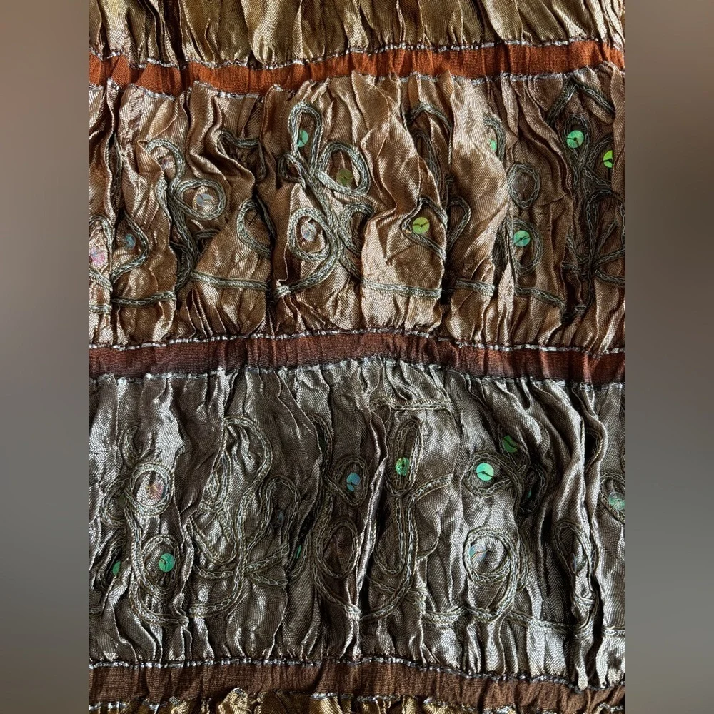 Elegant Crinkled Scarf  Brown and Tan Embroidered Silk OS